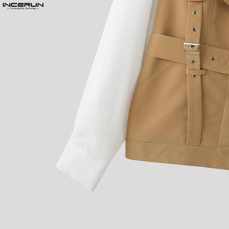 INCERUN Men Lapel Neck Patchwork Hit Color Long Sleeve Casual Shirts Tops