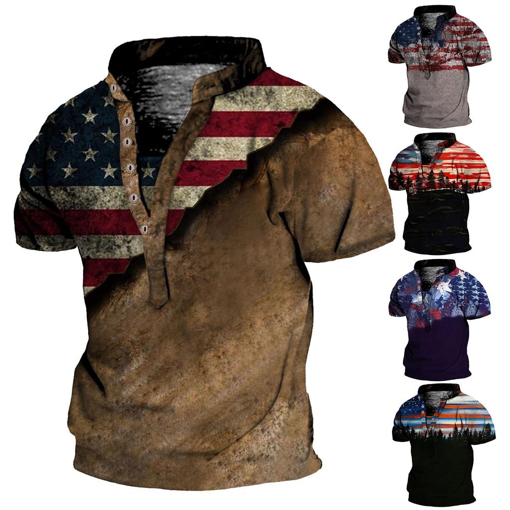 Men's Vintage Outdoor Hiking Short Sleeve Printed T-Shirt Breathable Button V Neck Short Sleeve Top