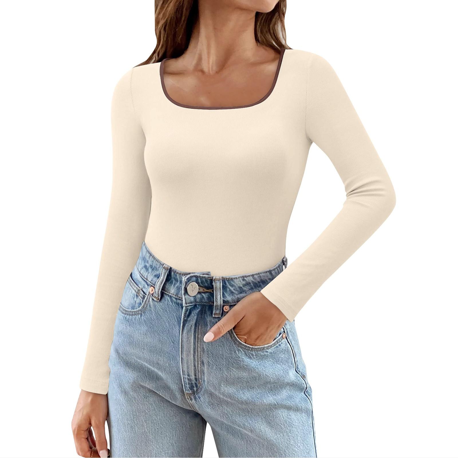 

Женские топы с длинным рукавом и круглым вырезом, облегающие трикотажные футболки в рубчик, рубашка с цветными блоками XL бежевый