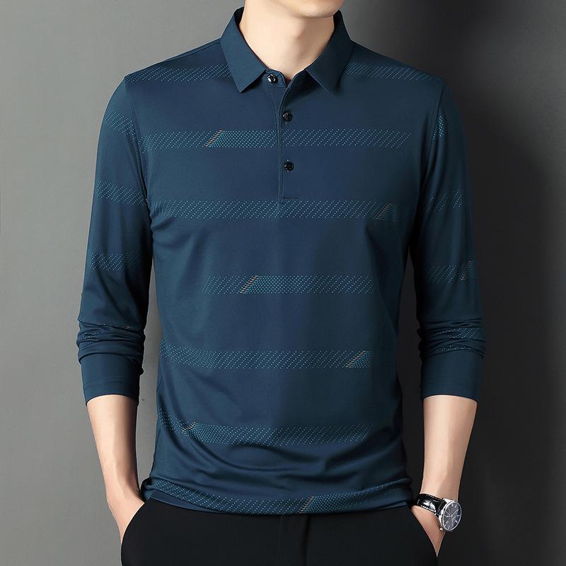 Spring and Autumn Men's Striped Long Sleeve T-Shirts Middle-aged Casual Loose Lapel Polo Shirts Men's Tops