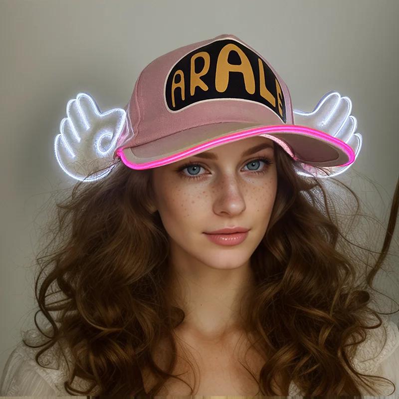 Kawaii Anime Glowing Neon Arale Hat Dr.Slump LED Light Pink Baseball Cap Cosplay Party Props Luminous Hat With Angel Wings Decor