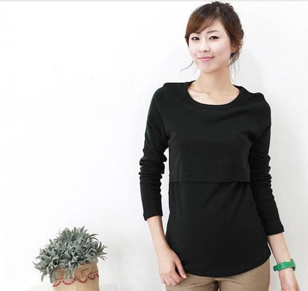 Nursing Long Sleeve with Nursing Maternity Choice of Set of 2 x Clothes, T-Shirts Openings, Wear, Colors, (Black Gray)