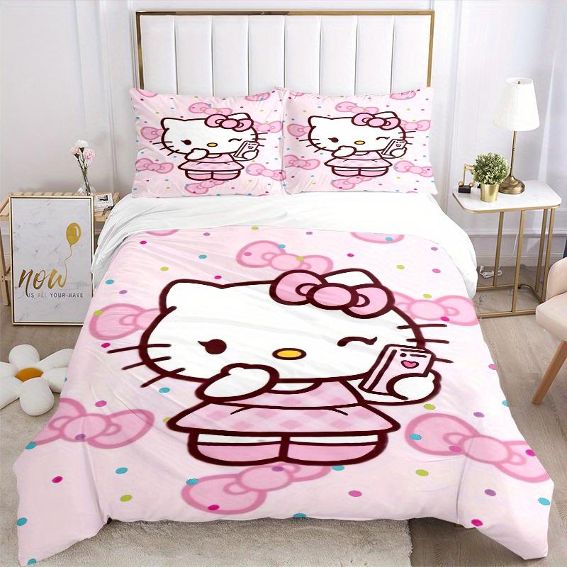 3pcs Sweet Hello Kitty Printed Bedding Set, Soft and Comfortable Quilt Cover for Bedroom, Guest Room (1 Duvet Cover + 2 Pillowcases, Pillow