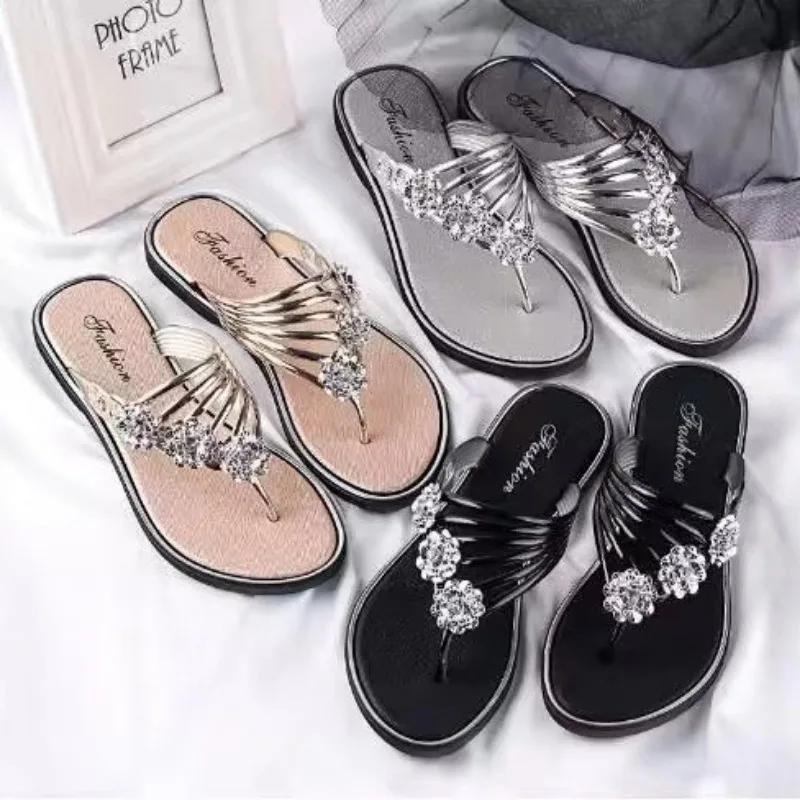 Fashion Women's Silver Biscuit Beach Sandals Flip Flops Floral Hollow Crystal Clip Parker Gold Strap Sandals