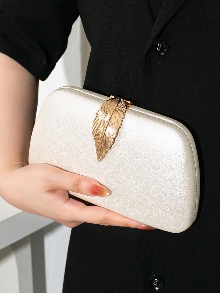 Classic Pu Evening Bag With Metal Leaf Lid And Structured Design For Party Wear