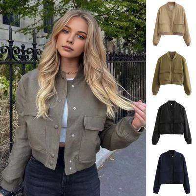 Women Baseball Jacket Stand Collar Long Sleeve Single-breasted Solid Color Buttons Pockets Short Type Streetwear Lady Coat