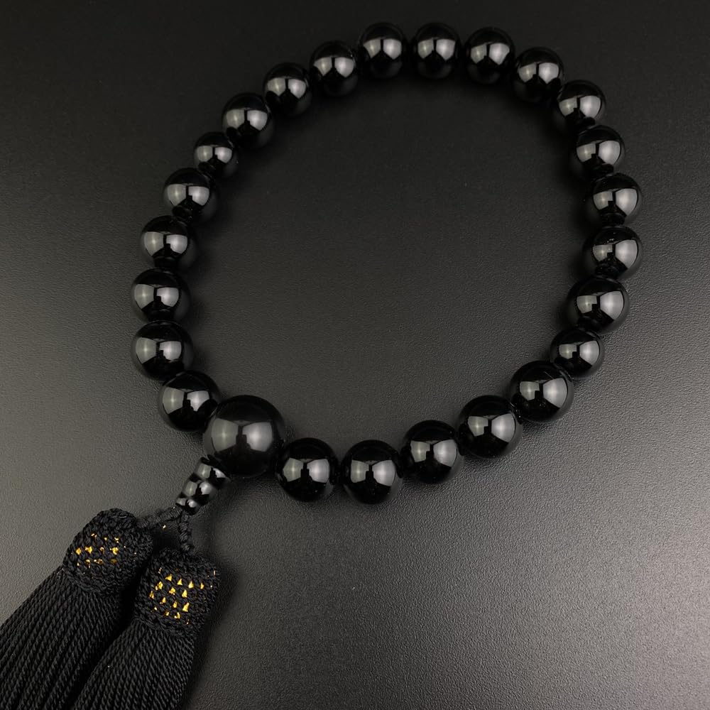 WONDERFUL LOTUS Buddhist Prayer Beads Juzu for Men Ebony Black Onyx Tiger Eye 22 Beads Pure Silk Tassel with Pouch for All Sects Funeral Memorial