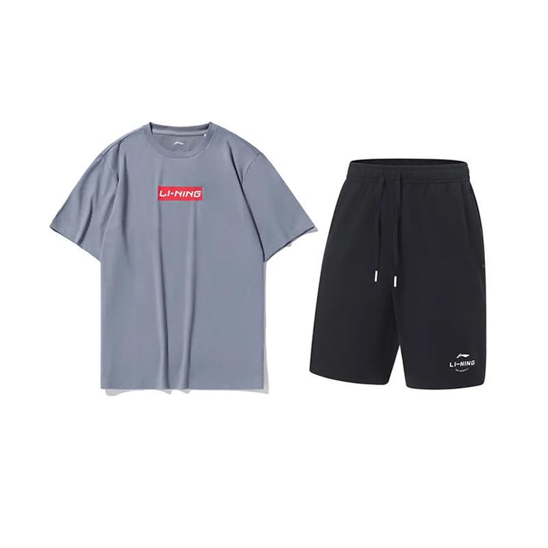 Li-Ning Comfortable Breathable Letter Logo Printed Round Neck Pullover Short Sleeve T-Shirt Casual Sports Set Unisex Tops AHST461-3+AKST543-3