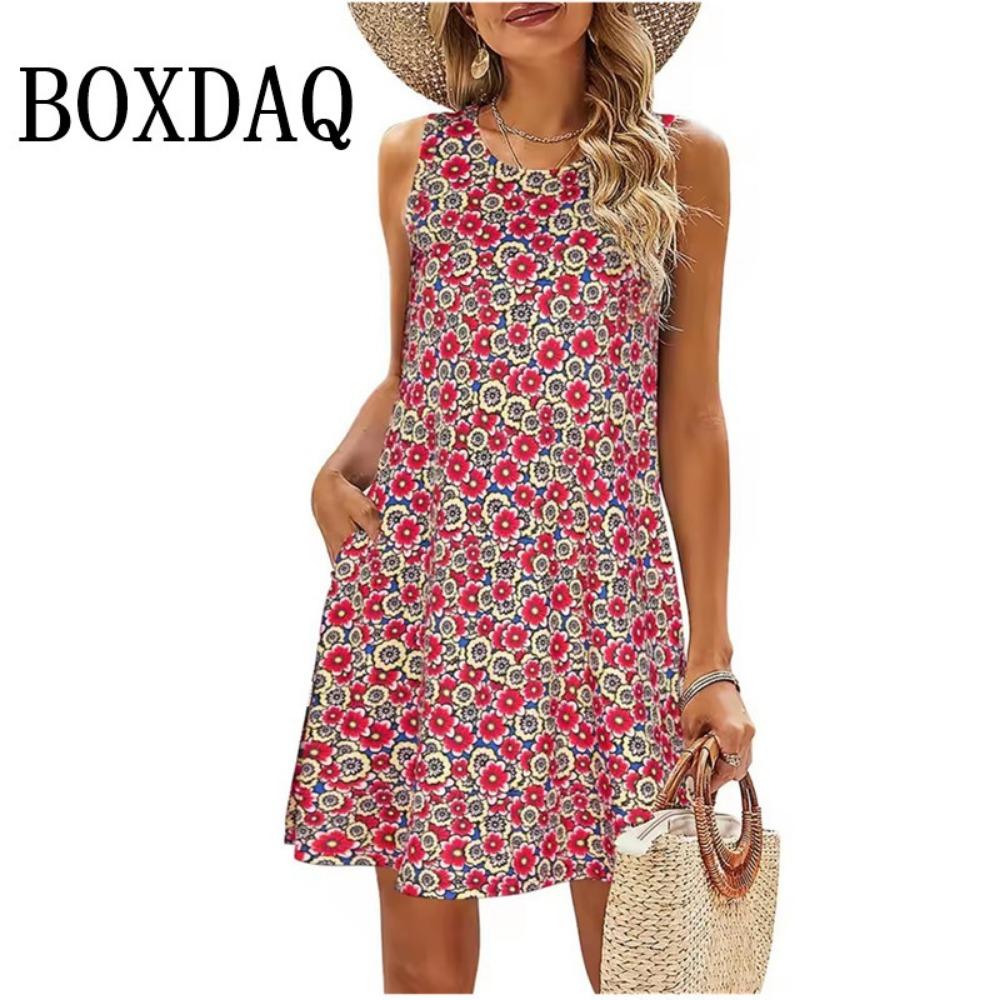 

Dresses For Women Fashion Women S Casual Print Summer Bohemian Beach Dress With Pockets O-Neck Tank Dress Loose Sundress XL