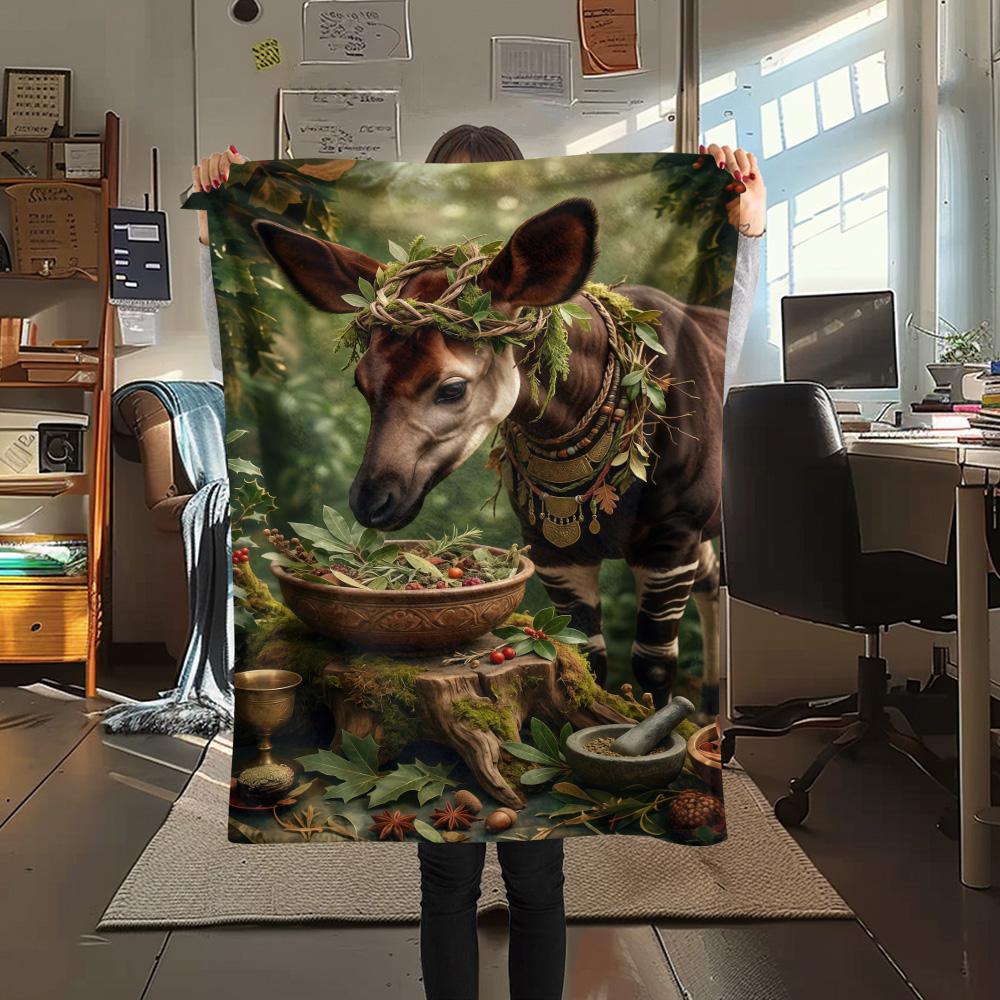 1PC Cute Okapi Print FlAannel Blanket, High Quality Comfortable for All Seasons, Home Decor, Warmth and Comfort