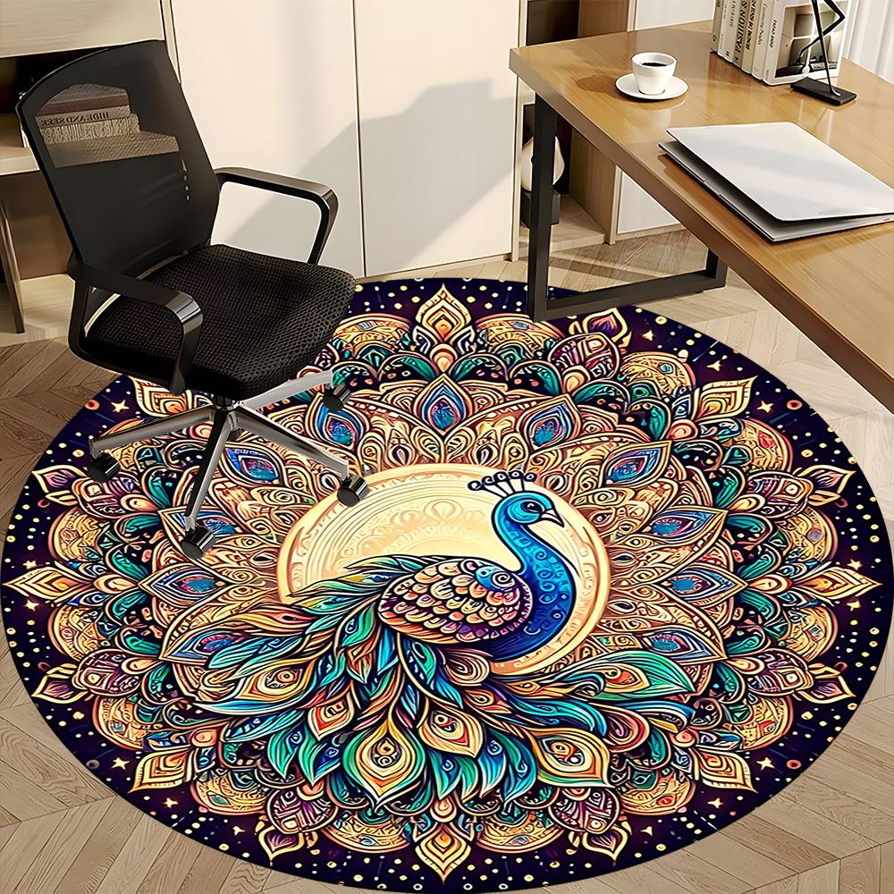 1 Stück Pfauen Mandala Kunstwerk Büro Runder Teppich, Rutschfest, Weicher und Langlebiger Büroteppich für Innendekoration, Perfekt für das Büro