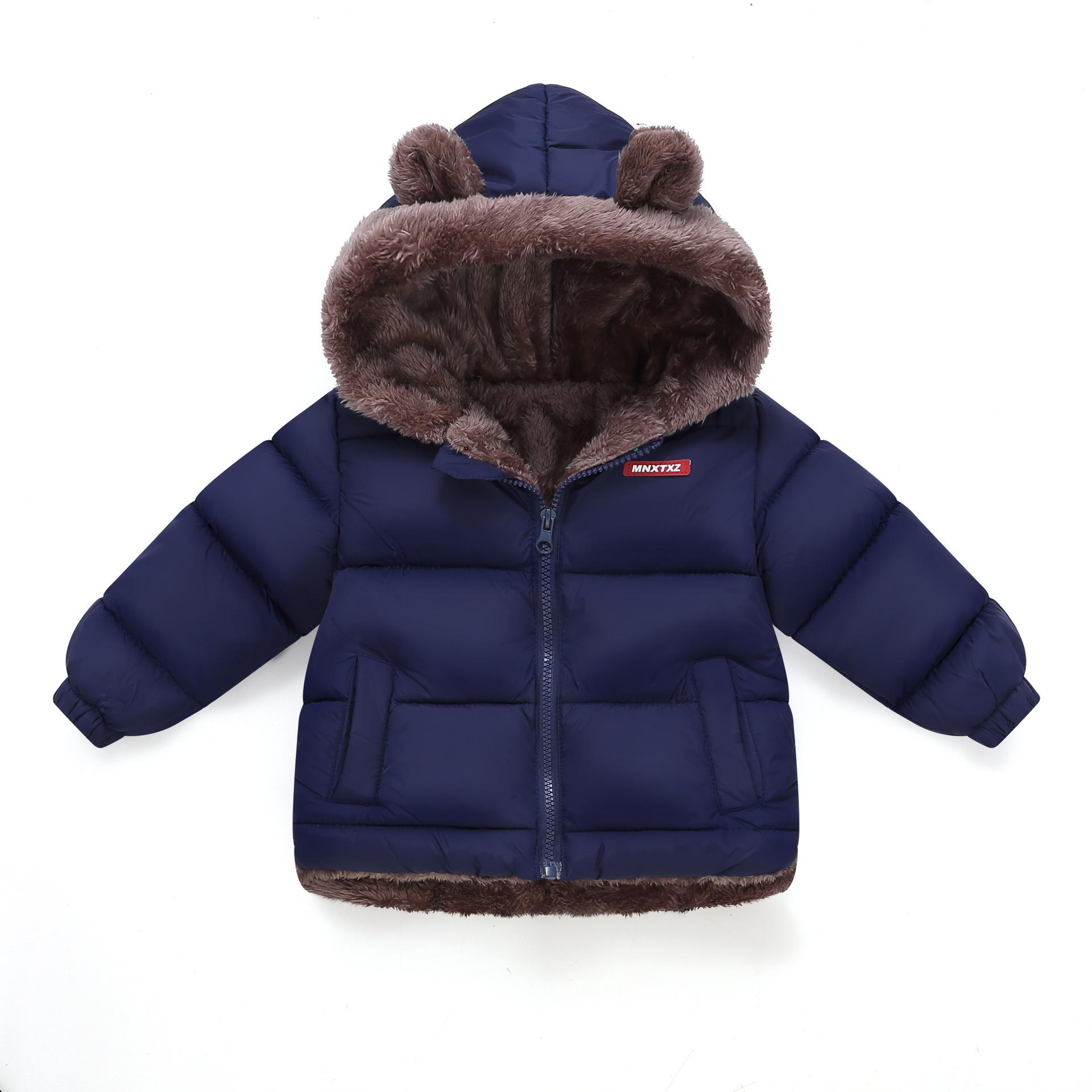 

Осенне-зимняя детская одежда с пуховым хлопковым наполнителем, детская, для детей среднего и младшего возраста, теплая куртка с хлопковой подкладкой и плюшем 140 темно-синий