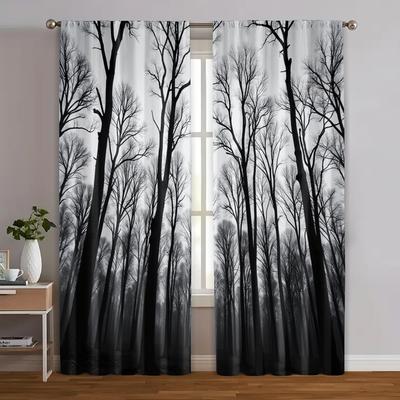 2pcs, Light Filtering Curtains Gothic Black Forest & Pine Tree Print Versatile Fabric (without Rod) Art Deco Festive Use for