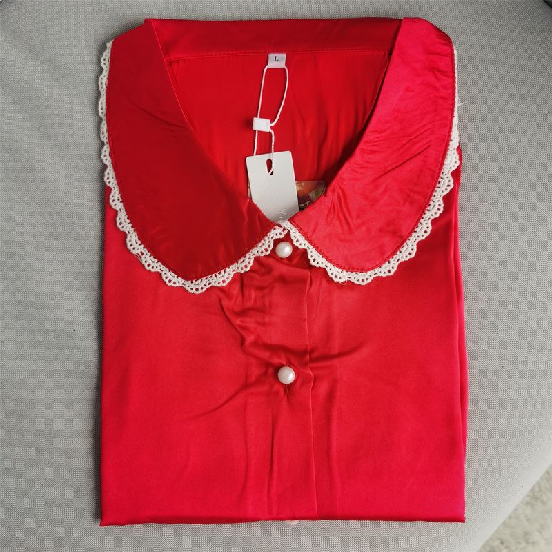 

New Peter Pan Collar Cardigan Spring and Autumn Long Sleeve Pants Silk Pajamas Suit Summer Home Wear Two-piece Set Red L