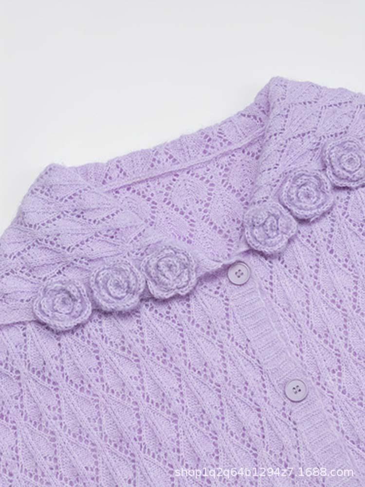 Navy Jacquard Hollow Knit Cardigan Coat for Women - Elegant and Cozy Spring/Autumn Outerwear