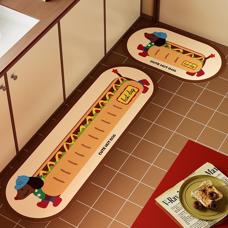 

Kitchen Floor Mat Cartoon Hot Dog Carpet Waterproof Oil-proof Rug Pvc Leather Non-slip Foot Mats Long Strip Home Decoration Rugs 1pc 50x80cm