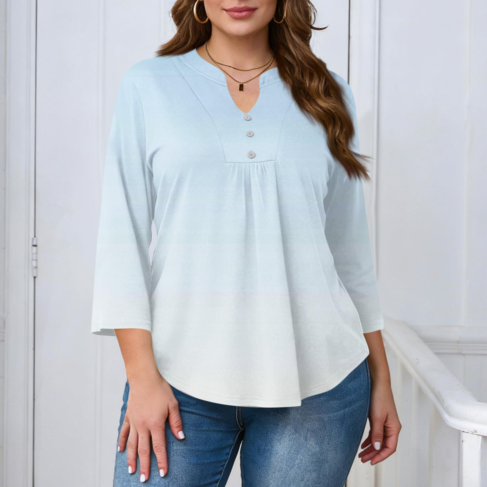 

Женская модная повседневная свободная блузка большого размера с рукавом три четверти, элегантная, на пуговицах, с V-образным вырезом L синий