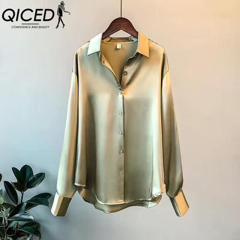 

QICED Женская Мода Повседневный Однотонный Принт Длинный Рукав Воротник ПОЛО Блузки и Рубашки XXXL зелёный