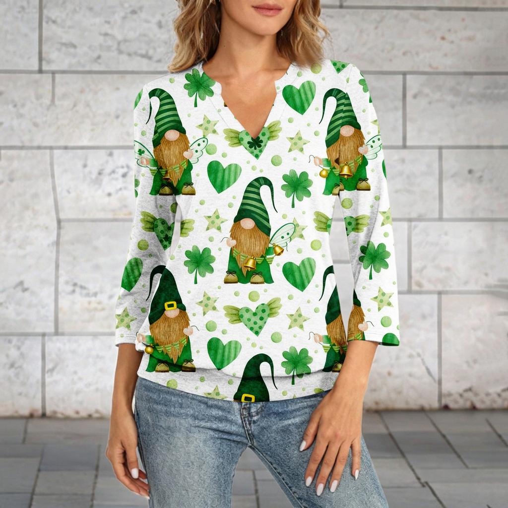 Damen 3/4-Arm Oberteil mit Bündchensaum, V-Ausschnitt, Sommer Freizeit-T-Shirt, St. Bedrucktes Oberteil zum St. Patrick's Day