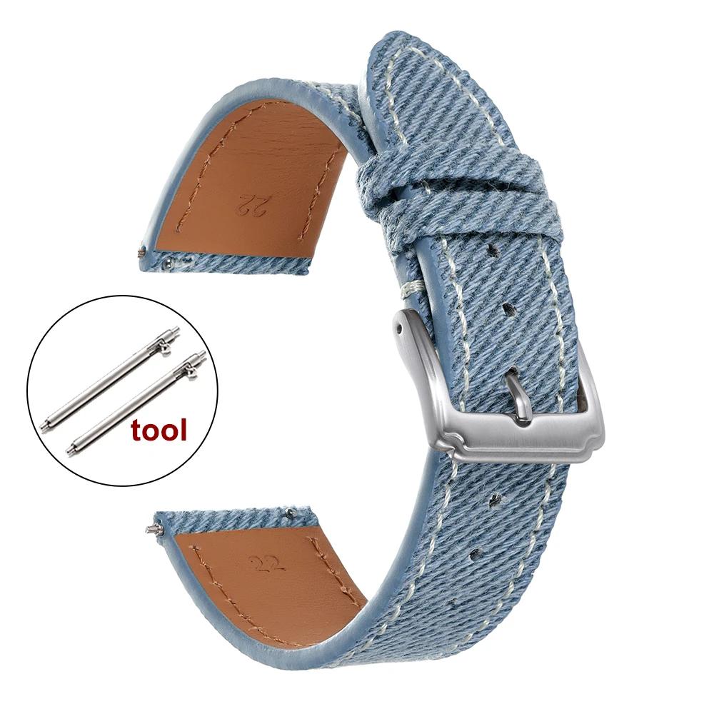 Vintage Denim Watch Strap Handmade Stitching Cowhide WatchBand 18mm 20mm 22mm Men‘s Universal Smartwatch Wristband Quick Release