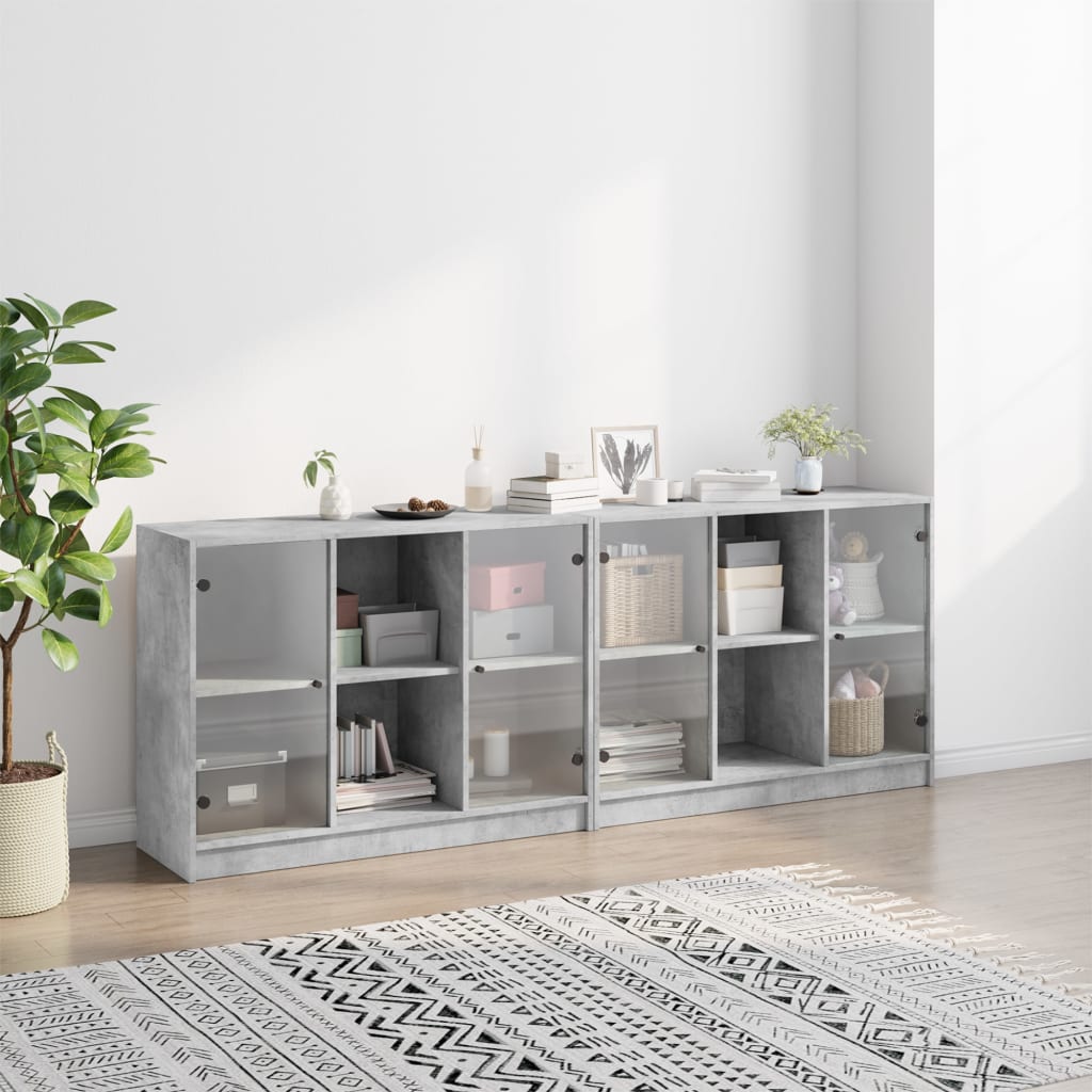 Bookshelf with Doors Concrete Grey 204 X 37 X 75 Cm Engineered Wood