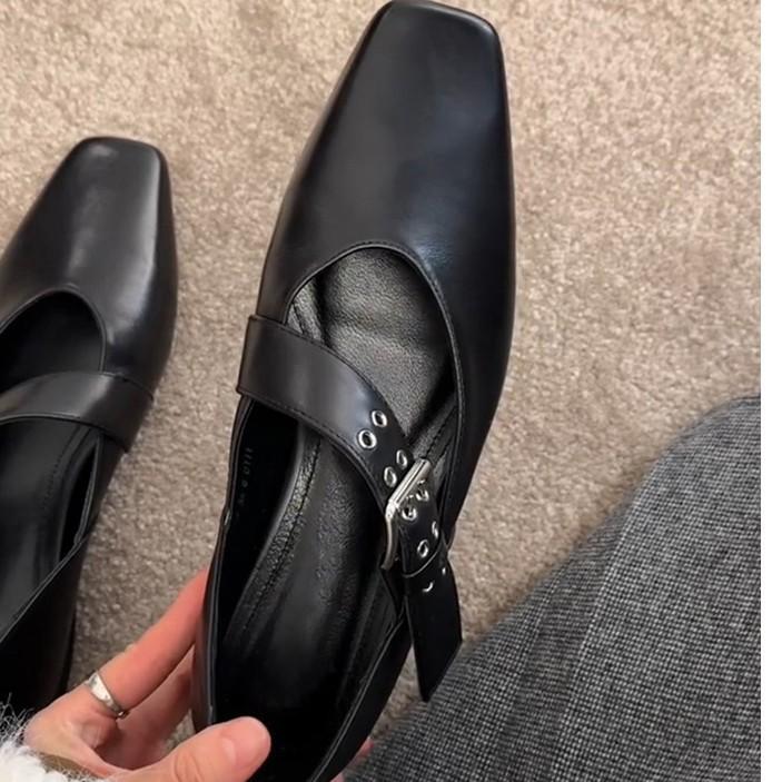 

Sheepskin version~ versatile flat-bottomed commuter small single shoes women s belt buckle retro small leather shoes square head personalized Mary Ja 40 чорний