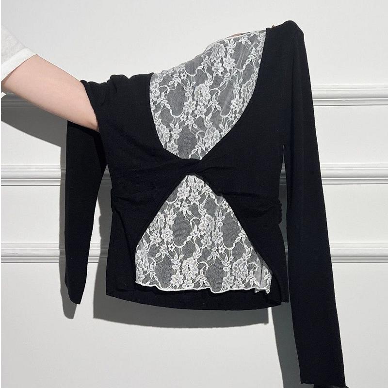 Korean Style Lace Patchwork Pleated Slim Fit Long Sleeve Top for Early Autumn 2025