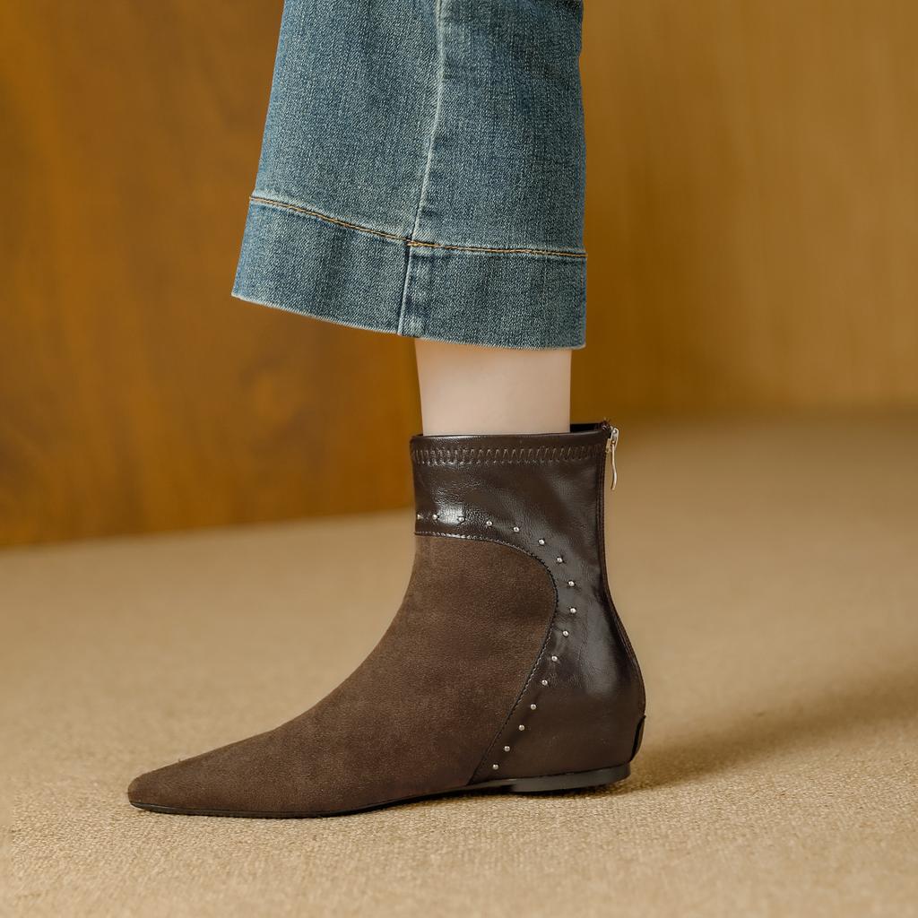 Inner heightening pointed short boots women's autumn and winter new suede splicing retro versatile comfortable commuting simple thin boots