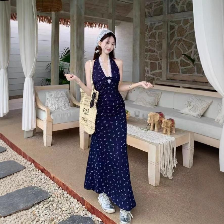 

Knot Lace Floral Halter Dress - Women s Summer 2025 Beach Vacation Maxi L (Premium) синій
