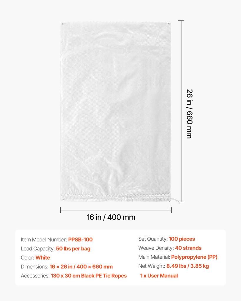 Empty Sandbags, 100 Packs 40 x 66 cm, Heavy Duty Sand Bags Sacks with Ties, 22.6kg Capacity Woven Polypropylene Sandbags, Tear-Resistant &
