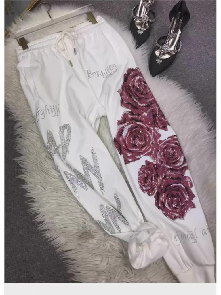 Luxuriöse, figurformende Jogginghose mit Blumenmuster und hoher Taille für Damen – Baumwolle, XXL, 90–136 kg