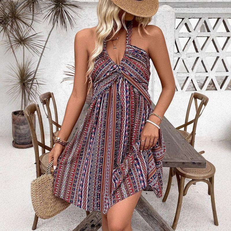 

Fashion Summer Wind Women s Vintage Print Lace-up Halterneck Dress Vacation Style Waist-Tight Slimming Beach Skirt Short Skirt Color XL