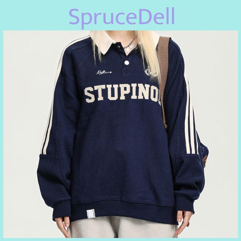Vintage College Waffle American Style Polo Collar Hoodie Women Loose Casual Couple Stripe Raglan Sleeve Top