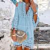 V Neck 45720 Sleeve Cold Shoulder Front Lace-up High-Waist Boho Dress Retro