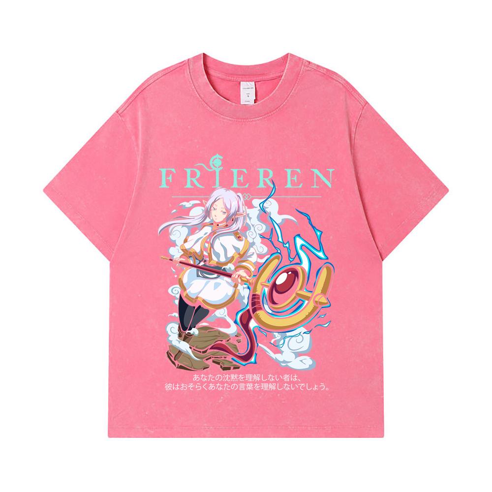275 GSM Washed T-shirts 100% Cotton Frieren V5 Print Unisex Heavy Cotton T Shirt