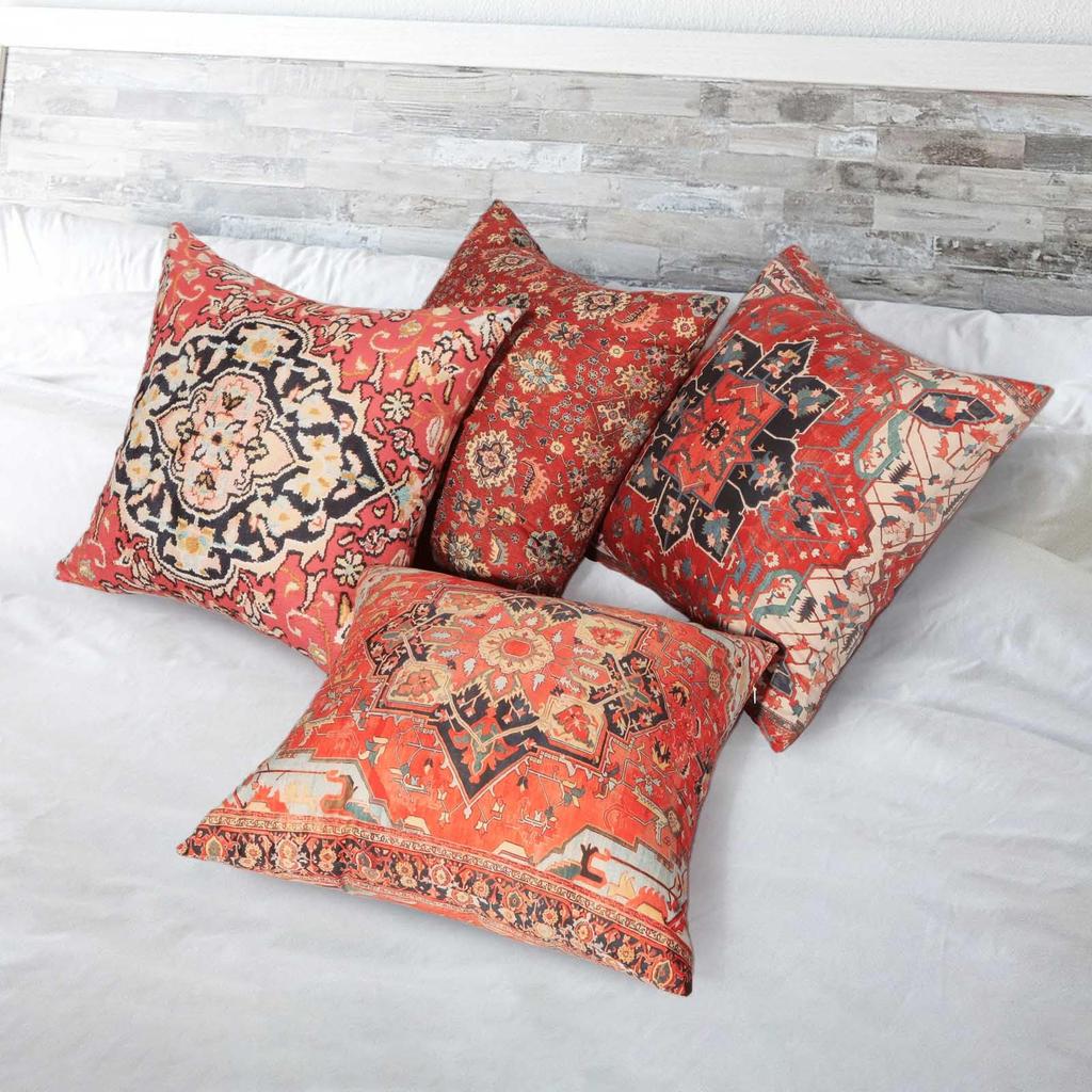 4 Pcs Double Sided Red Persian Kilim Cushion Covers, Bohemian Tribal Vintage Rug Print Throw Pillow Cases (No Inserts)