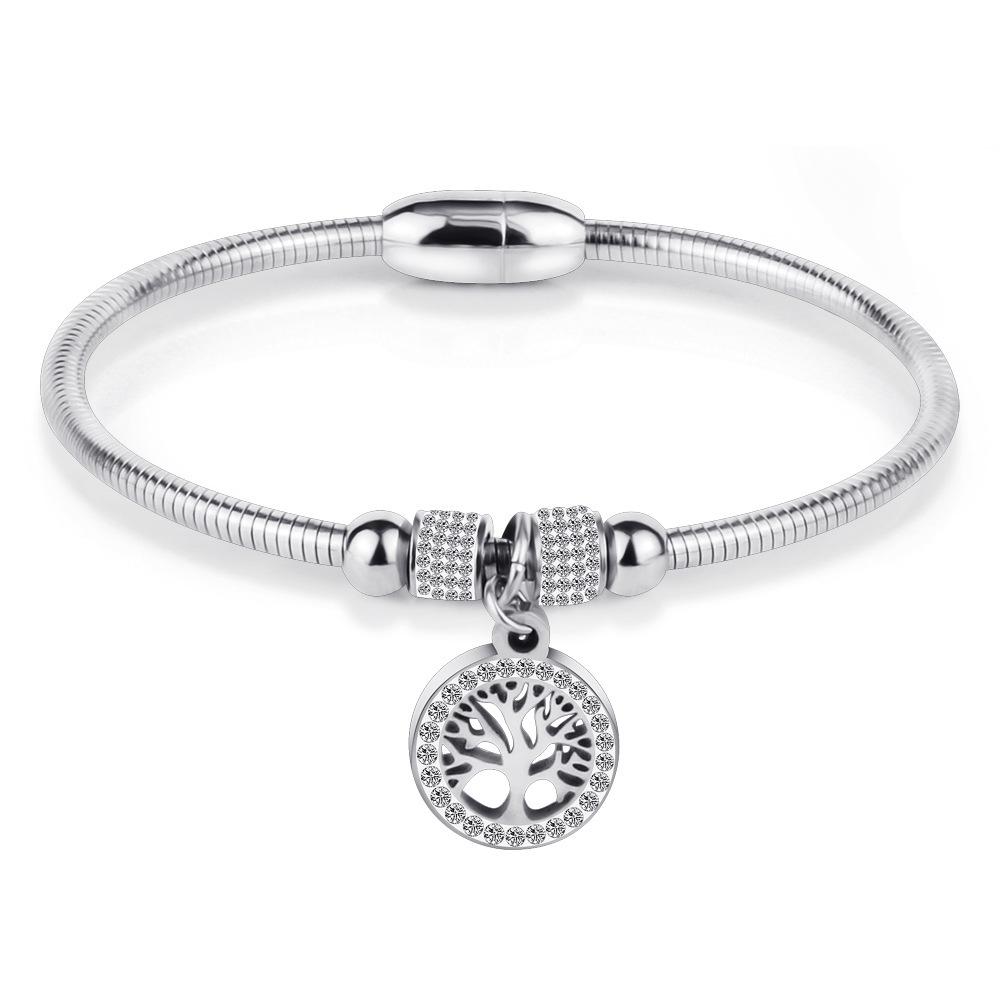 European and American LifeTree Rhinestone Titanium Steel Bracelet with Stainless Steel Magnet for Women