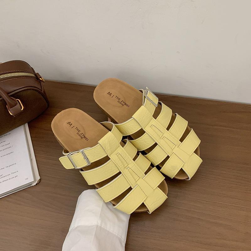 Sheepskin version~ thick-bottomed woven baotou half slippers for women to wear new one-pedal pig cage cool slippers