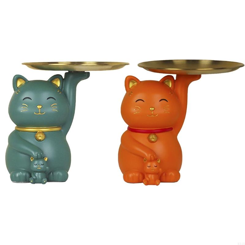 KX4B for Creative Fortune for Cat Statue with Storage for Key Tray Fruit Jewelry Snacks Candy Plate Shelf Resin Animal Figuri