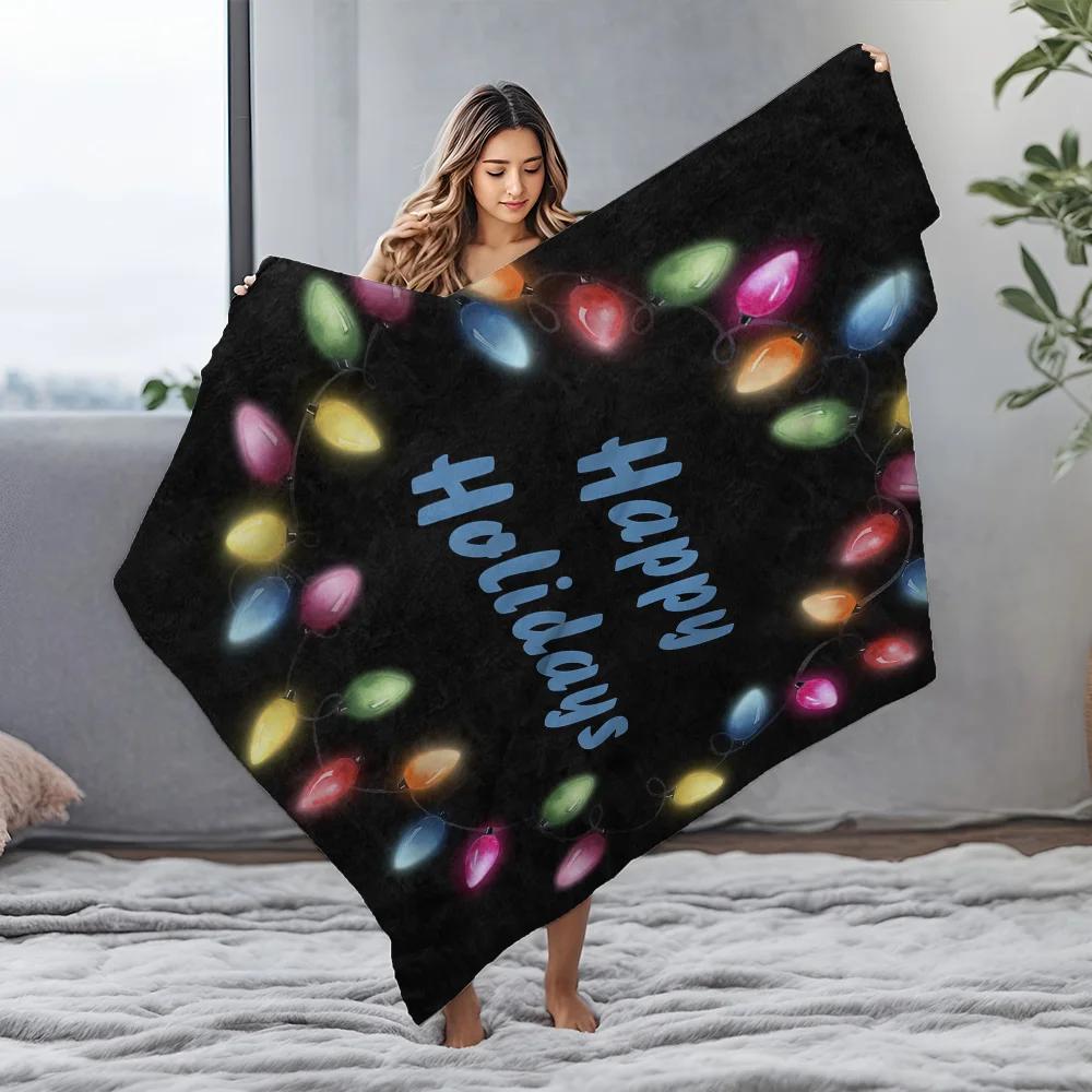 Happy Holidays Fleece Blanket, Multicolor Christmas Lights on Black, Cozy Throw for Festive Sofa and Home Decor