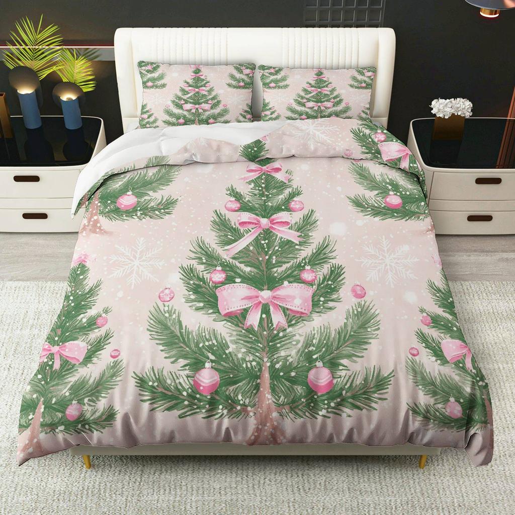 3pcs Festive Christmas Tree & Snowflake Duvet Cover Set - Pink Ribbon Design, Polyester, Zippered, Machine Washable