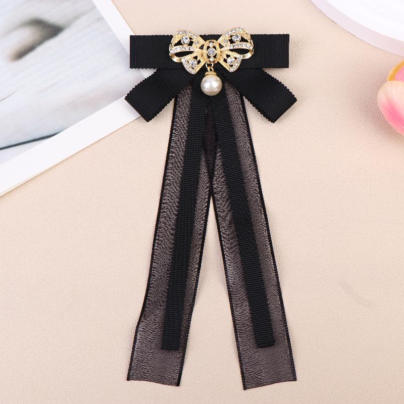 

New Fabric Bowknot Brooches Rhinestone Tassel Bow Tie Female Shirt Collar Pin Vintage Corsage For Women Accessories Long black