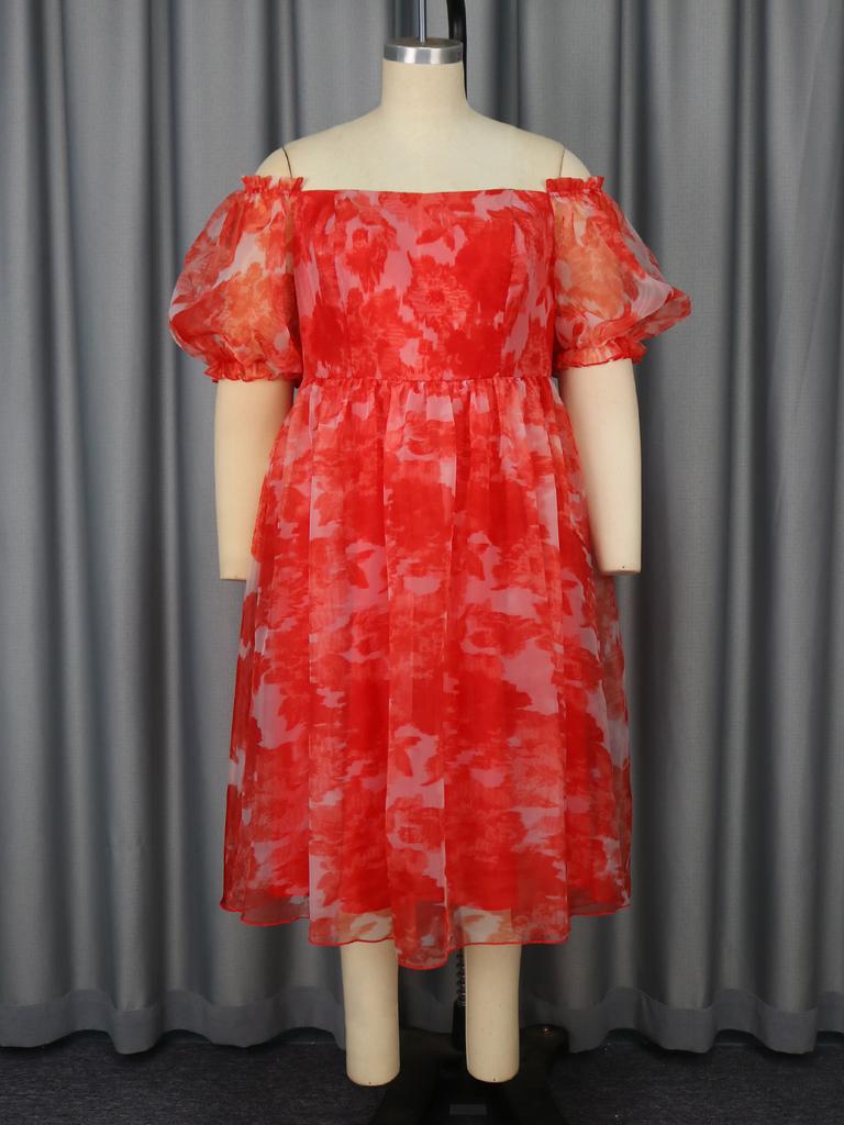 AOMEI Red Floral Off Shoulder Puff Sleeve Dress A Line Elegant Plus Size Ball Gowns Dresses for Ladies