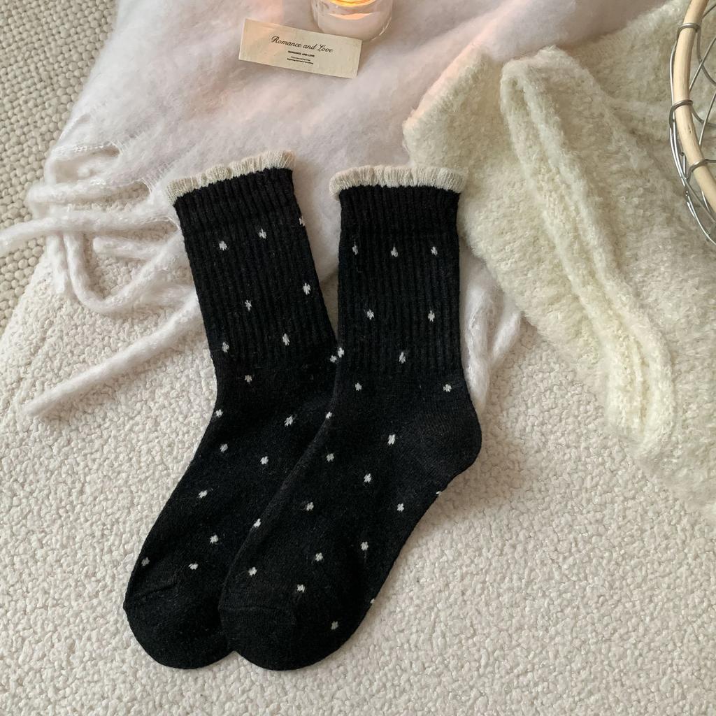 Polka Dot Socks Women'S Mid-Tube Socks Trendy Wool Versatile Lace Socks Warm Vertical Strips Stacked Socks