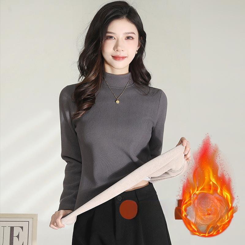 Autumn and Winter Velvet Thickened Stand-up Collar Inside and Outside, Bottoming Shirt, Thin and Comfortable Warm Top for Women