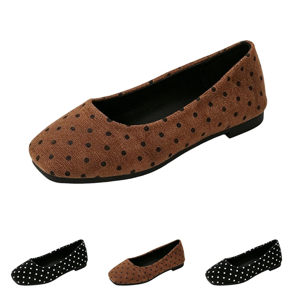 Women's Slip-On Flat Shoes Soft Fabric Upper with Polka Dot Pattern Round Toe Design Lightweight Flexible Sole Casual Footwear
