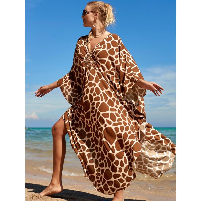 Women's Boho Cover Up, Plus Size Contrast Loose Fit Vacay Beach Kaftan Dress