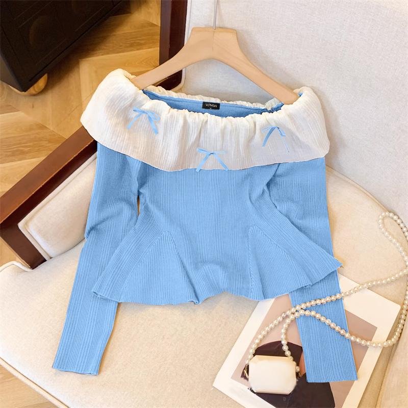 

VONDA Женские летние контрастные цветные блузки с открытыми плечами и длинными рукавами с завязками 5XL синий