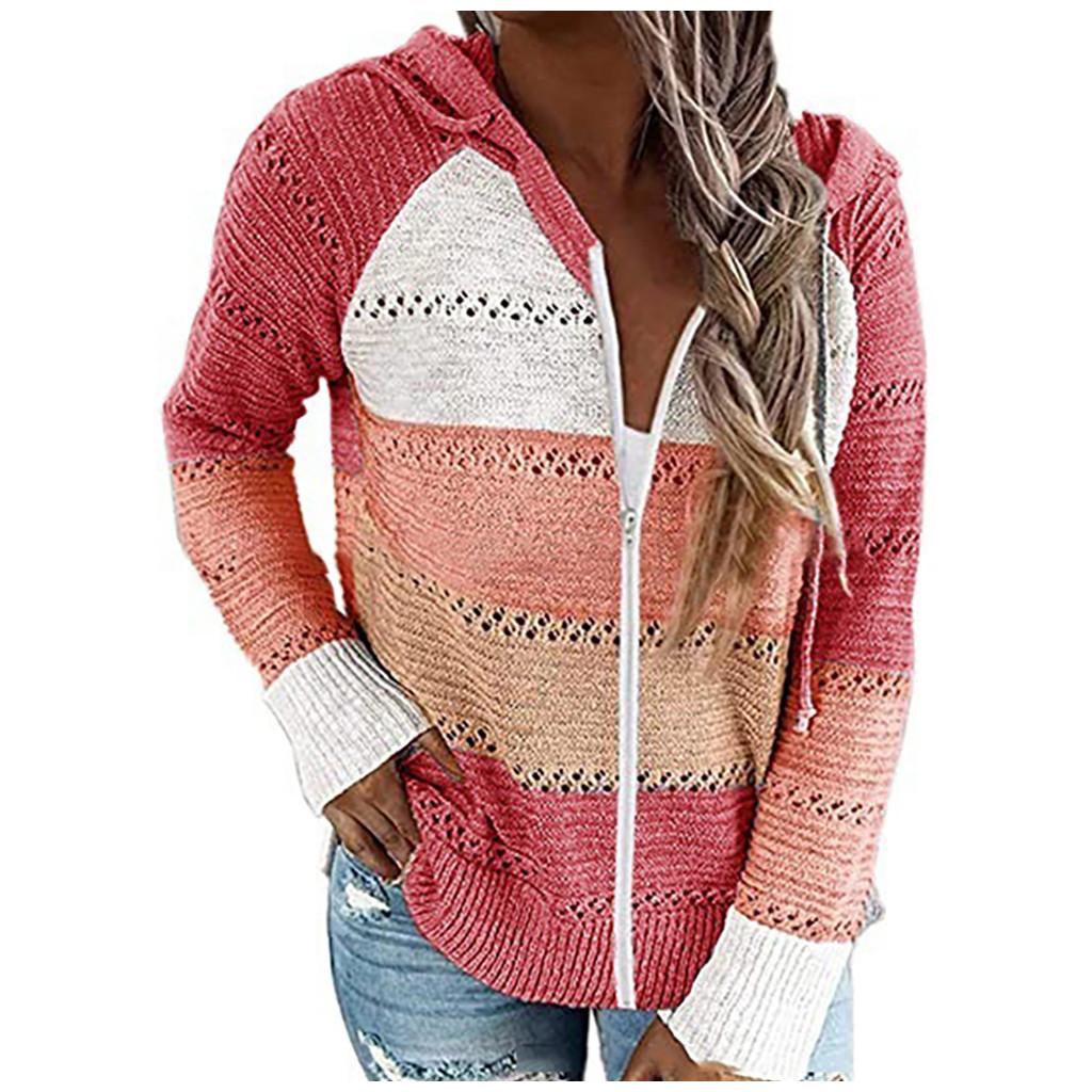 Fashion Women Casual Patchwork Long Sleeves Hooded Sweater Cardigan Blouse Tops