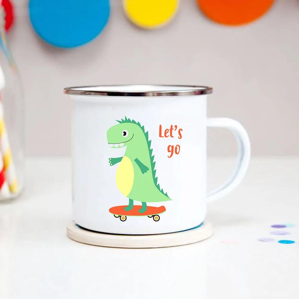 Happy Birthday Boys Girls Enamel Cocoa Mugs Home Party Cartoon Dinosaur Kids Drink Juice Cola Milk Cups Child Baby Birthday Gift